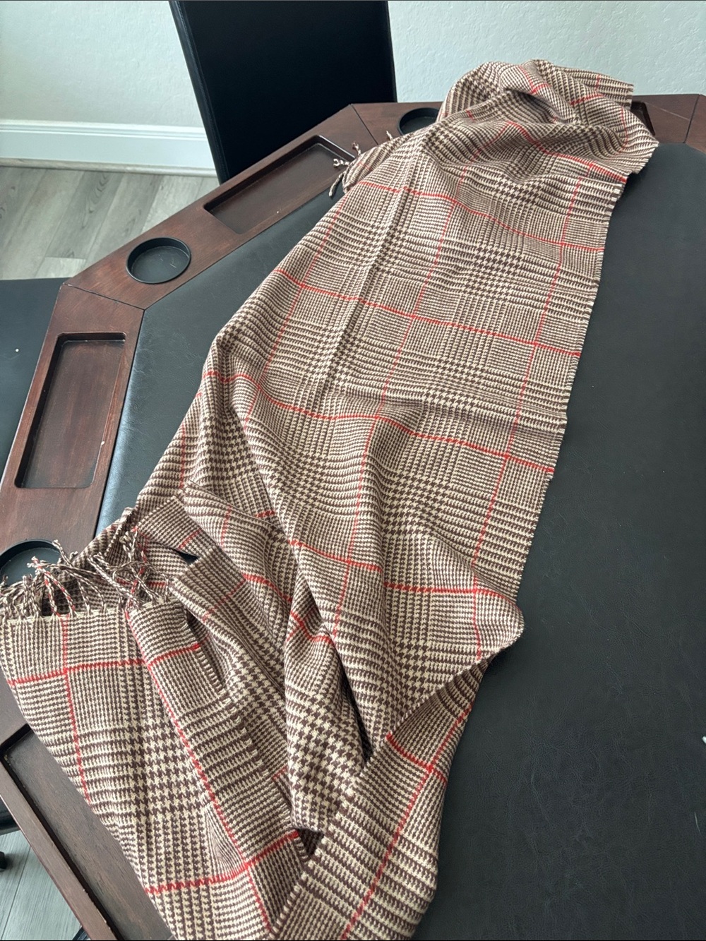 Chaus Plaid Fringe Scarf in Brown with Red Accents